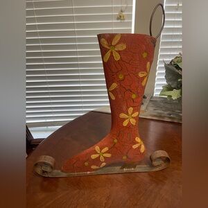 Vintage Wooden Carved Ice Skates Leather Decor